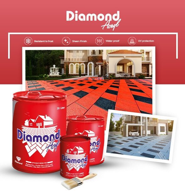Best interlock polish in Kerala-Diamond Acrylic tile paint cans with brush, showcasing beautifully painted red and blue interlock tiles on outdoor pathways, offering protection from heat, water, and fungal growth.