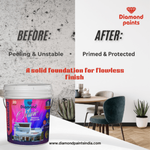 Before and after comparison of a wall treated with Diamond Paints Shine Smooth Emulsion. The left side illustrates a peeling and unstable surface, while the right side presents a primed and protected finish. At the bottom, a 20-liter bucket of Diamond Shine paint is featured alongside the tagline 'A solid foundation for flawless finish.' The Diamond Paints logo and website are also included.