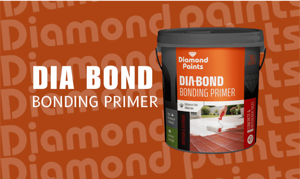 Best house paint product bucket. Diamond Paints Diabond Bonding Primer bucket placed against an orange background with the Diamond Paints logo in repetition.