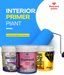 Diamond Paints interior primer paint buckets – DiaCoat, Diamond Cement Primer Interior, and Fresco Primer – premium primers for smooth, long-lasting wall finishes.