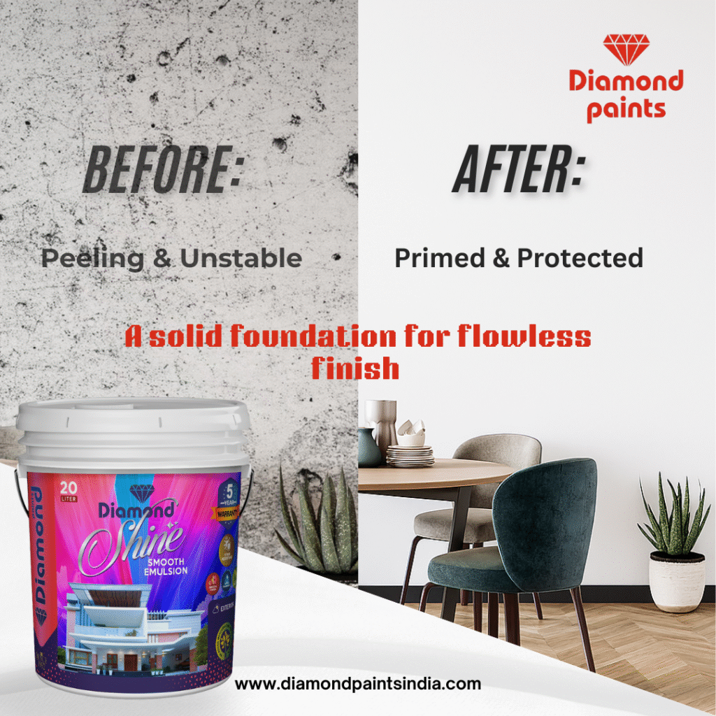 Before-and-after wall comparison showing peeling, unstable surface transformed into a clean, primed, and protected wall using Diamond Paints Shine Smooth Exterior Emulsion Paint,
