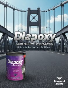 Poster of Diapoxy Ultra-Resistant Epoxy Coating showing a purple paint can on a bridge roadway, with bold text highlighting “Ultimate Protection & Shine” and the Diamond Paints logo.