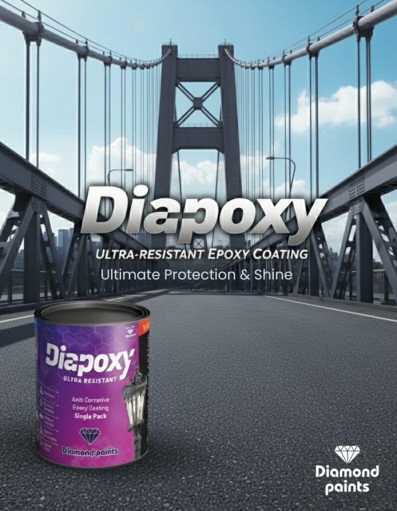 Poster of Diapoxy Ultra-Resistant Epoxy Coating showing a purple paint can on a bridge roadway, with bold text highlighting “Ultimate Protection & Shine” and the Diamond Paints logo.