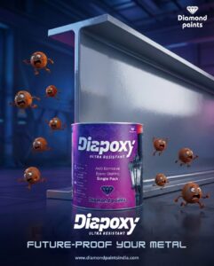 Paint for metal gate poster showing Diapoxy Ultra Resistant epoxy coating protecting a steel beam from rust.